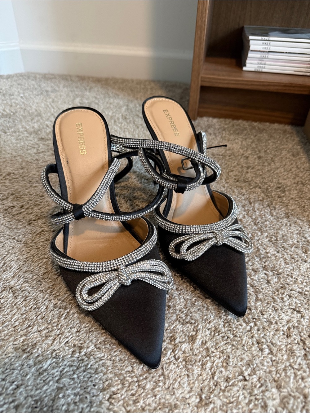 Express Black & Silver Glitter Strappy Heels | Satin Bow Pumps | Women's Size 9